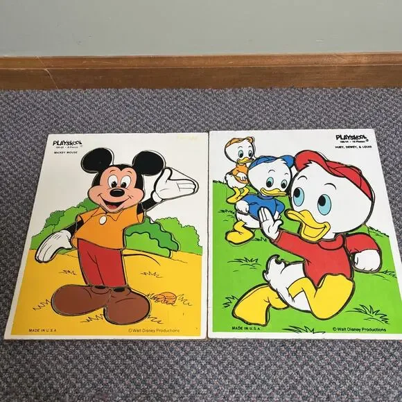 2 Wooden Tray Puzzles Playskool Mickey Mouse Hewey Duey and Louie Kids Learning