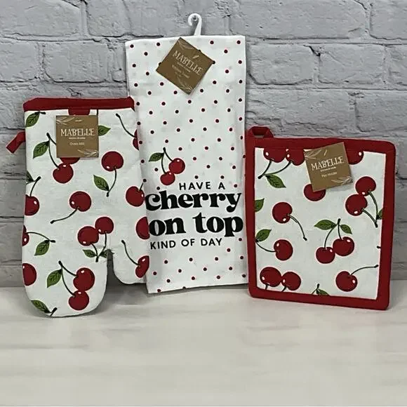 🍒Cherry Theme🍒3 Piece Kitchen Linens Farmhouse Dish Towel Oven Mitt Pot Holder