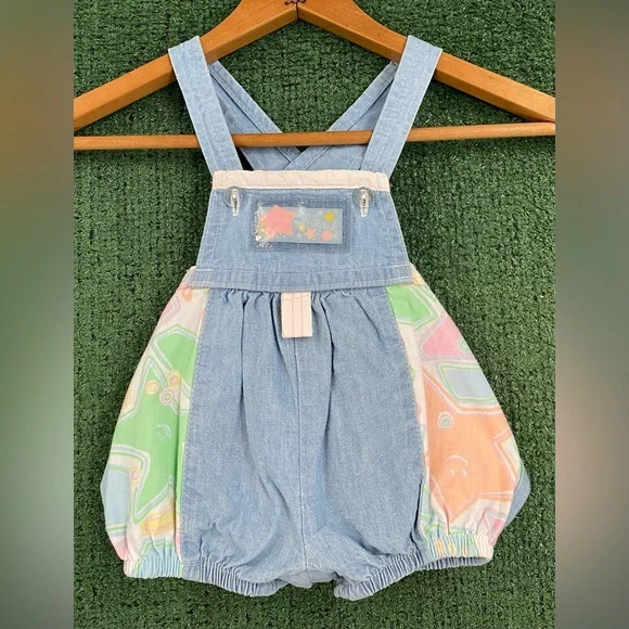 Rare VTG 90’s OshKosh B’Gosh Star Print Denim Bubble Romper Baby Girl 0-3 Months