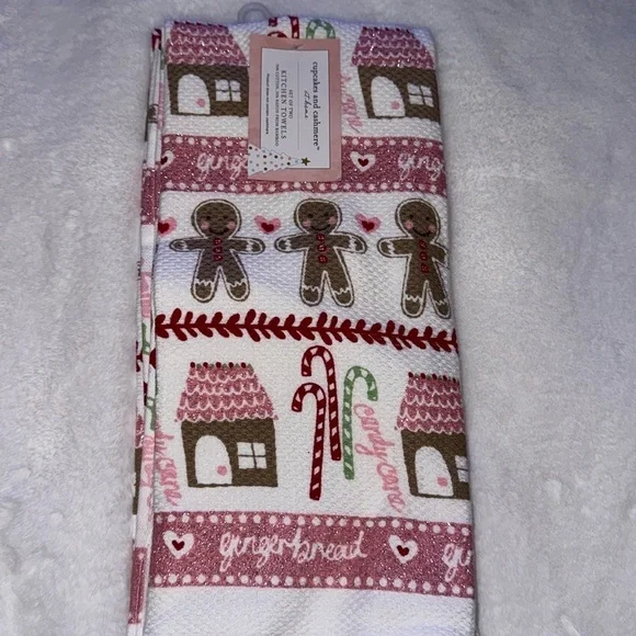 Pink Christmas Gingerbread Kitchen Towel Pastel Hand Dish Towel sparkling