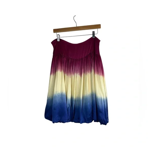 Kenar 100% Silk Ombré Bubble Skirt Size 10 Pink Ivory Blue Lined Midi Boho Party