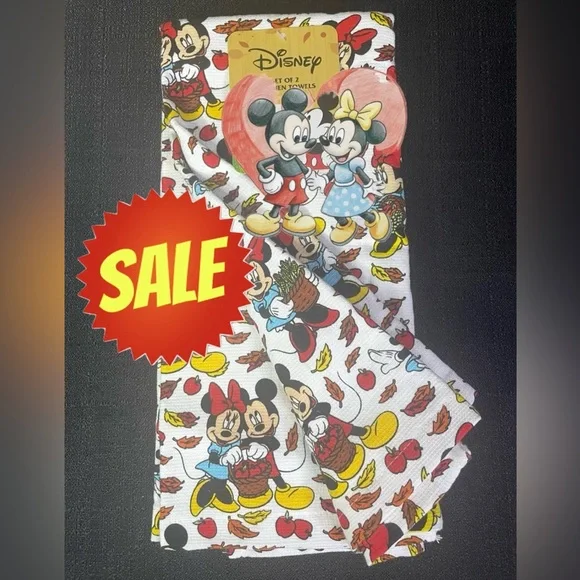 Mickey & Minnie Mouse Fall Autumn Kitchen Towel Set 2x Love Leaves Apples NWT