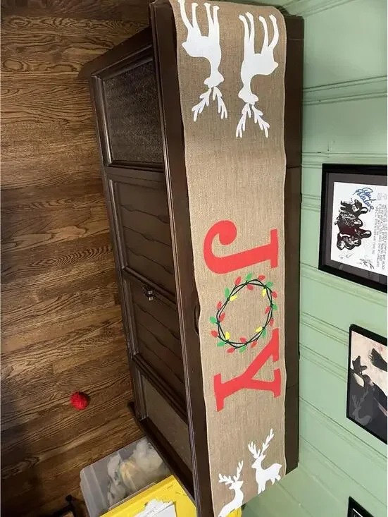 Burlap JOY table runner with embossed letters and reindeer