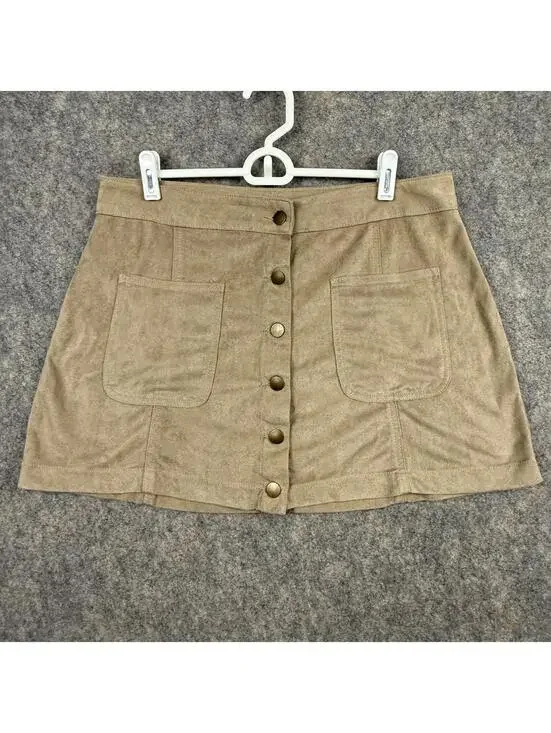 Altar’d State Faux Suede Button Front Mini Skirt Khaki Tan Patch Pockets Large