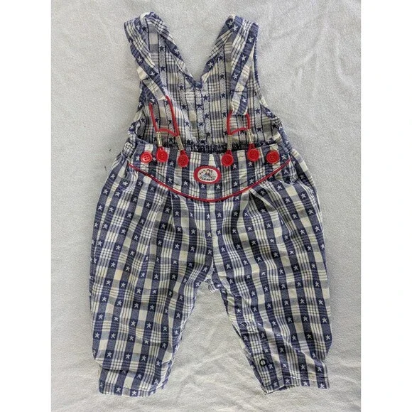Vtg 3-6 MO Oshkosh B’Gosh Blue Plaid Star Overalls Vestbak USA Patriotic Cotton