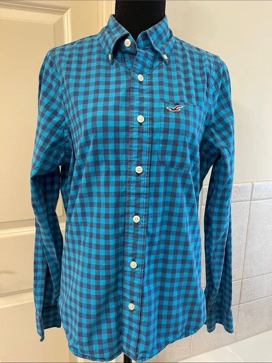 Hollister Small Teal and Blue Plaid Button-Down Shirt