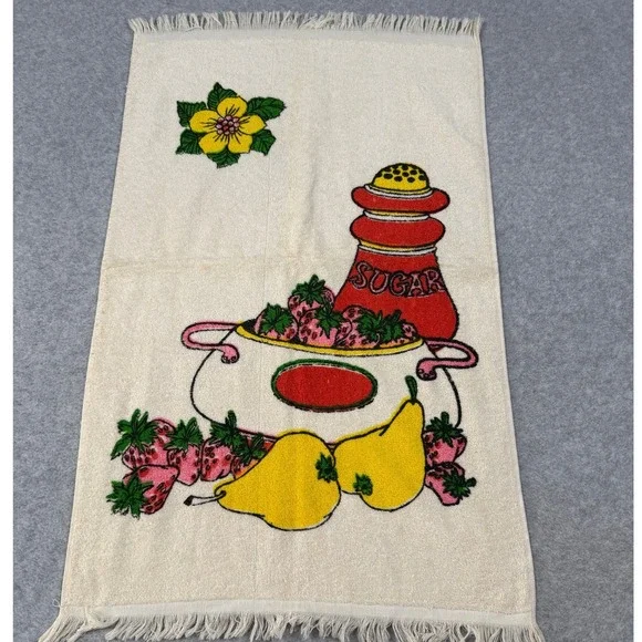 Vintage Kitchen Dish Towel Cloth Fringe Strawberries Sugar Pear Cottagecore