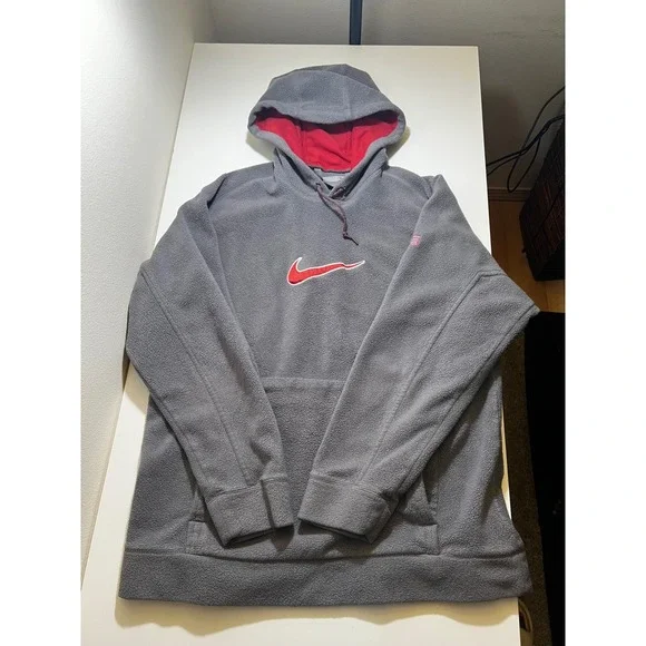 Vintage Nike Mens Hoodie Large Grey Red Center Swoosh Fleece Pullover Y2K