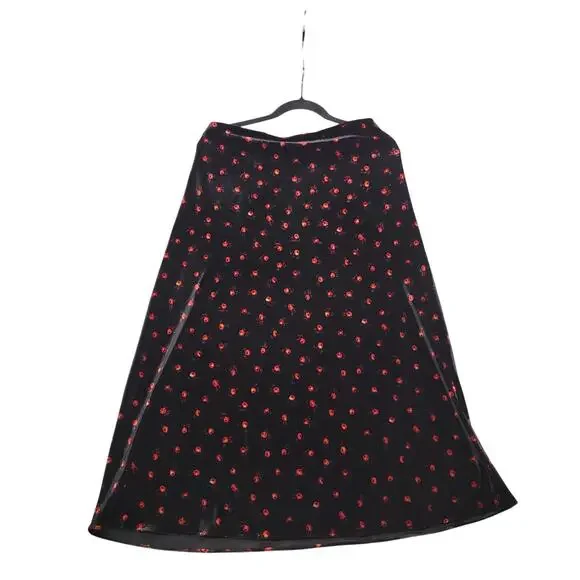 LOFT Womens M Black Velvet Midi Skirt Red Floral Burnout A-Line Holiday Y2K