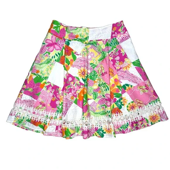 Vintage Lilly Pulitzer Whimsical Patchwork Skirt 10‎ M A-line Full Lined Cotton