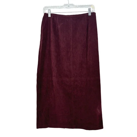 Burgundy Faux Suede Straight Midi Skirt Size‎ 10P Indie Retro Back slit