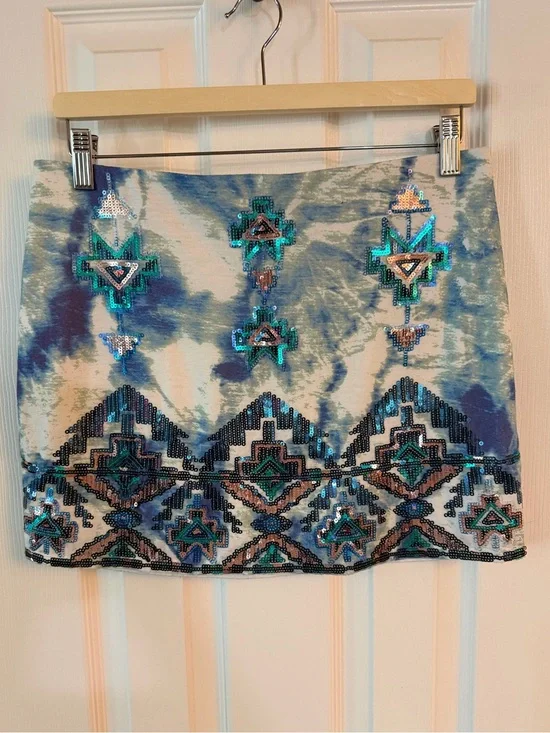 Express Sequin Aztec Mini Skirt Blue Tie Dye Beaded Medium Festival Boho