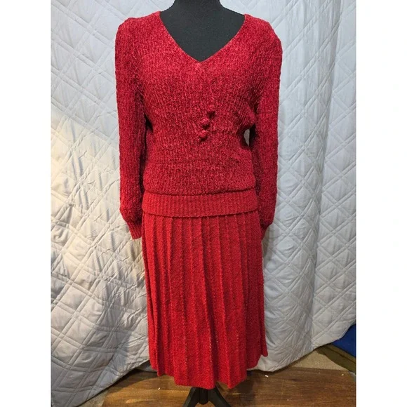 Carlos Arias LA Designs Red Knit 2 Piece Sweater Pleated Skirt Set XS Vintage