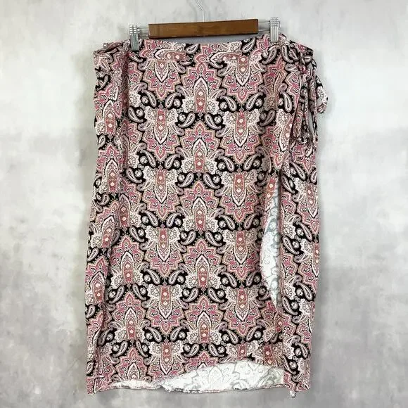 Maurices Womens 18W Wrap Skirt Pink Paisley Coastal Preppy‎ Brunch City Chic
