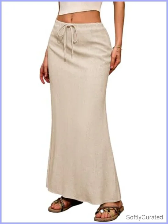 Linen Flared Maxi Skirt Boho Ankle Length Elastic Waist