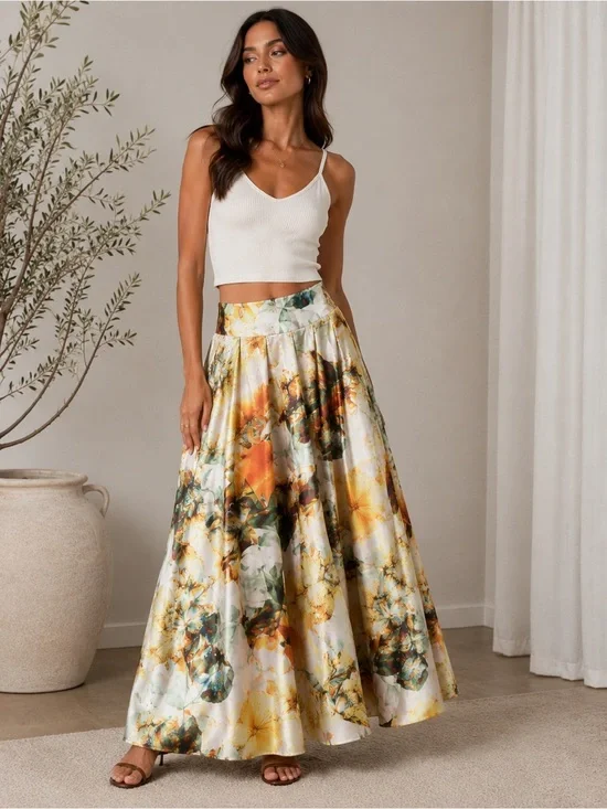 Floral A-Line Maxi Skirt in Yellow and Green