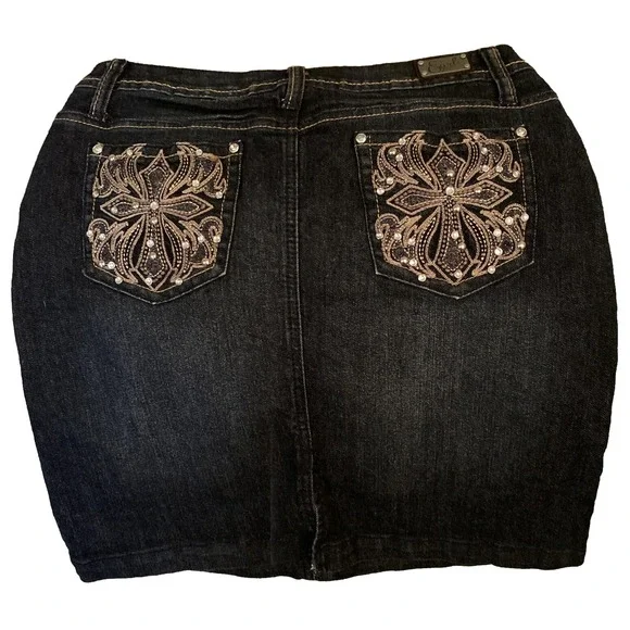 Earl Jean Denim Mini Skirt Bling Cross Dark Wash Country Festival Women's Sz 8
