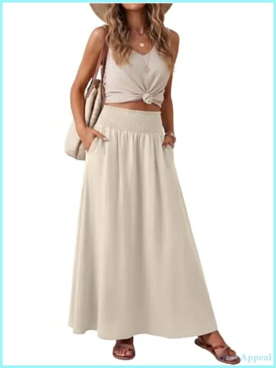 Women's Maxi Skirt High Waisted Smocked Elastic Boho Swing Pleated Long Skirt