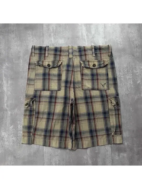 Y2K Beige American Eagle Grunge Gothic Plaid Baggy Cargo Skater Shorts