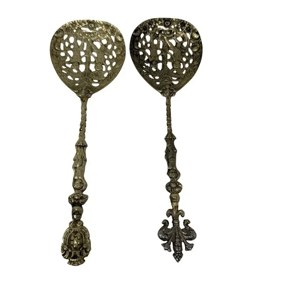 Vintage Pair Italian Brass Pierced Serving‎ Spoons 10in Ornate Baroque