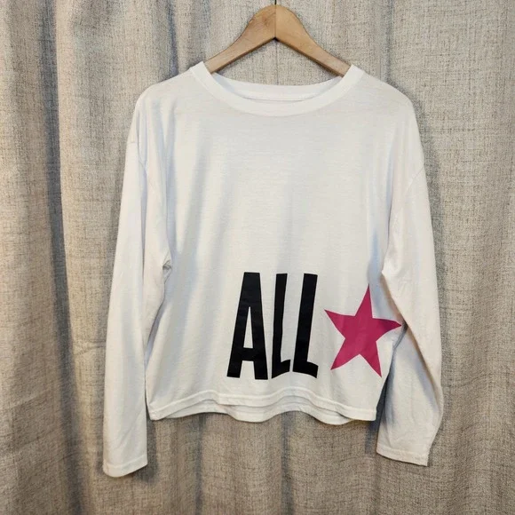 Converse Long Sleeve Shirt Youth Girls XL White/Pink Cropped‎ Loose Logo Skater