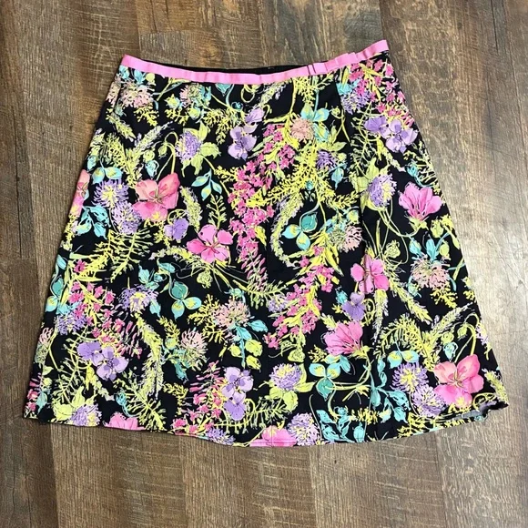 Rafaella Black A-Line Skirt with Pink, Purple & Yellow Floral Print