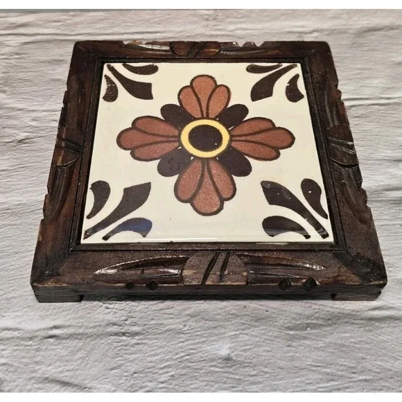 Vintage 1970s Footed Trivet With Wood Frame And Center Tile Design From Mexico