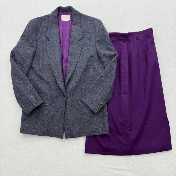 Pendleton Women's Size 10/12 Wool Blazer Skirt Suit Set Gray Plaid‎ Purple Lined