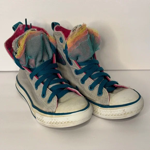 Converse All Star Girls Kids 12 High Top Sneakers Gray Teal Pink‎ Rainbow Tulle