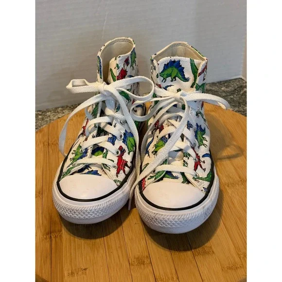 Converse Chuck Taylor All Star High Top Pixel Dinosaur Print Kids Sneakers White