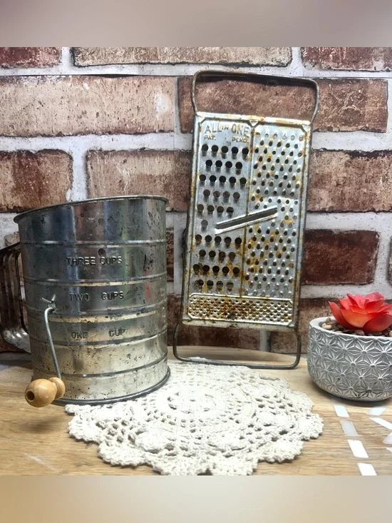 Vintage 3 Cup Measuring Flour Sifter and ALL IN ONE  cheese grater flat