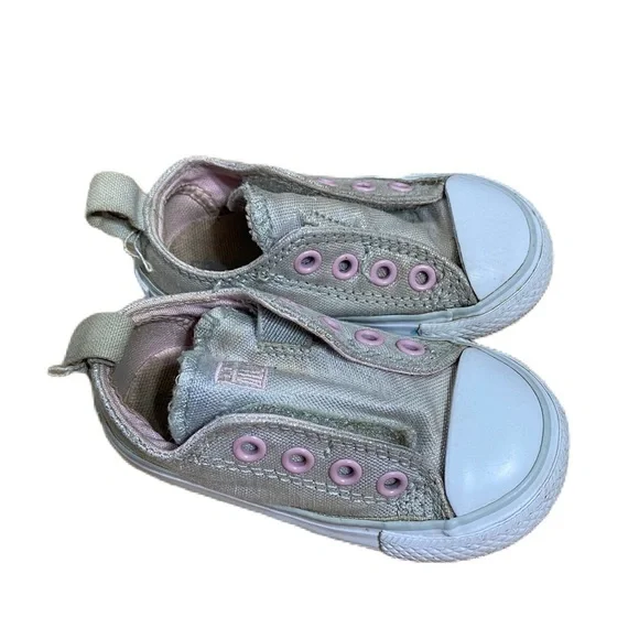 Converse Kids Silver Cream Tan Pink Sneakers Sticky Strap Closure Sz 5 Ve lcr o