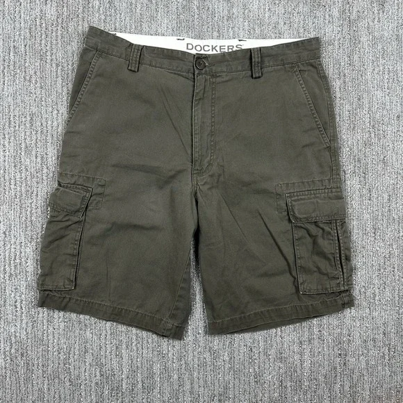 Dockers Cargo Shorts Mens 34 Olive Green‎ Flat Front Utility 100% Cotton Outdoor