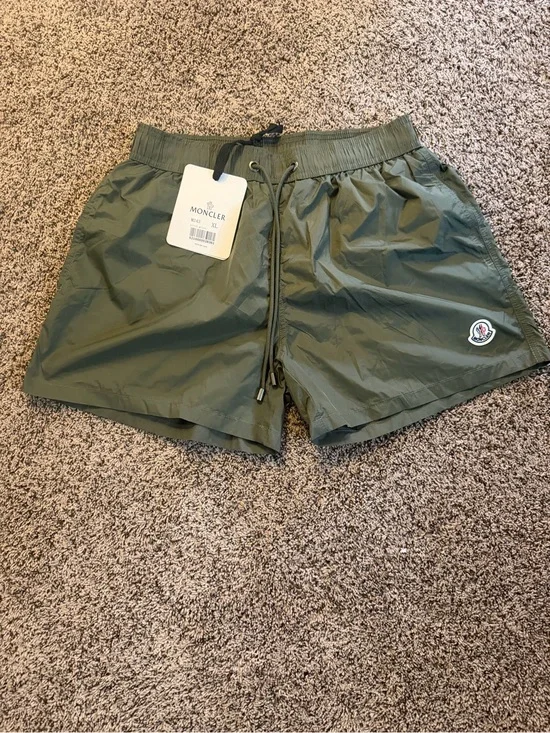 Moncler Olive Swim Trunks with Logo Patch