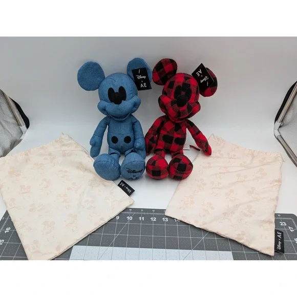 Disney American‎ Eagle Mickey Mouse Plush Blue Denim Red Buffalo Plaid Bags Lot