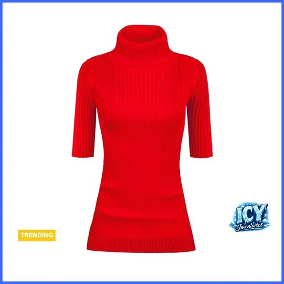 Half Sleeve Turtleneck Ribbed Knit Sweater Slim Fit Stretchy