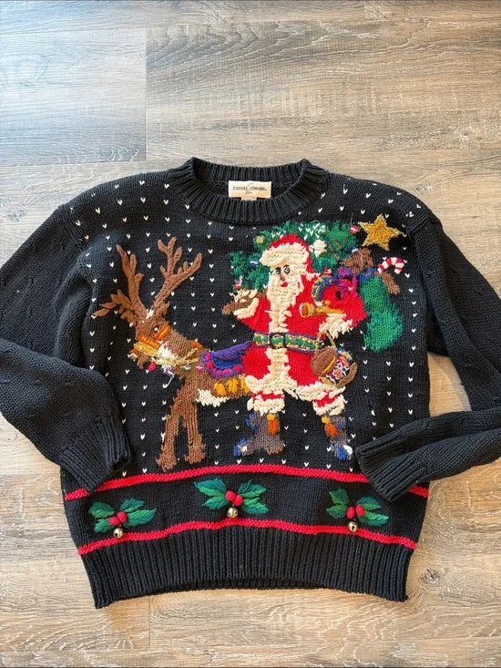 Casual Corner vintage Christmas Crewneck Sweater - Santa & Reindeer sz s