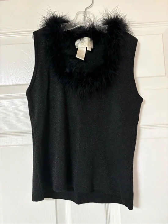 Black Sleeveless Feather-Trim Sparkle Vintage Top Small