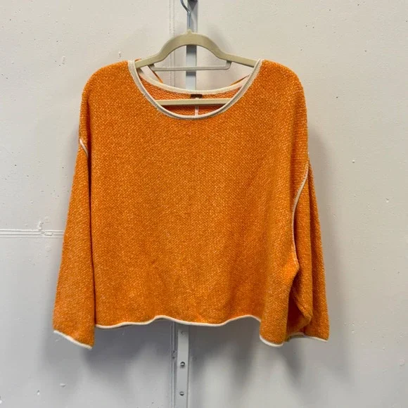 Free People Bardot Cropped Orange Textured Knit Boat Neck Long Sleeve Sweater XS