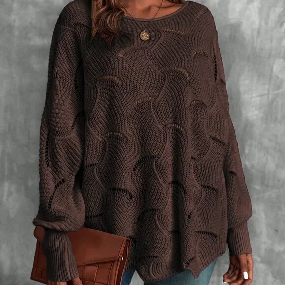 Brown Casual Womens Lantern Sleeve Pointelle Knit Pullover Sweater