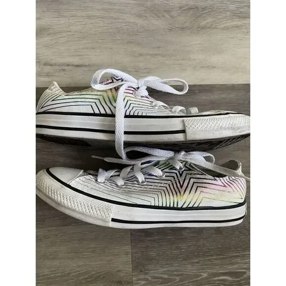 Converse Shoes Youth 3 Rainbow Star Sneakers White Canvas Low Top Casual 665398F