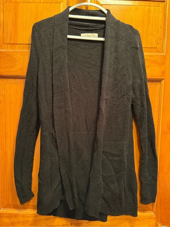 LOFT Black Open-Front Ribbed Cardigan with Pockets