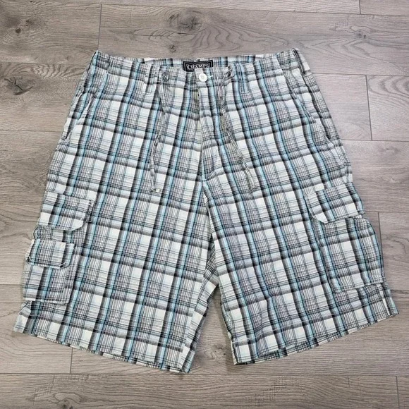 Champs Sports Men's 36 Plaid Cargo Shorts White Black Blue NWT‎