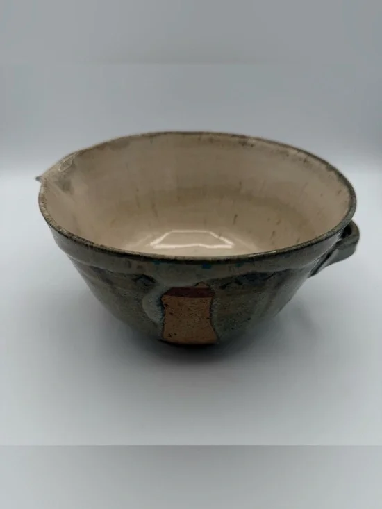 Vintage Studio Pottery Stoneware Batter Bowl Pouring Mixing Bowl Blue Green 7.5”