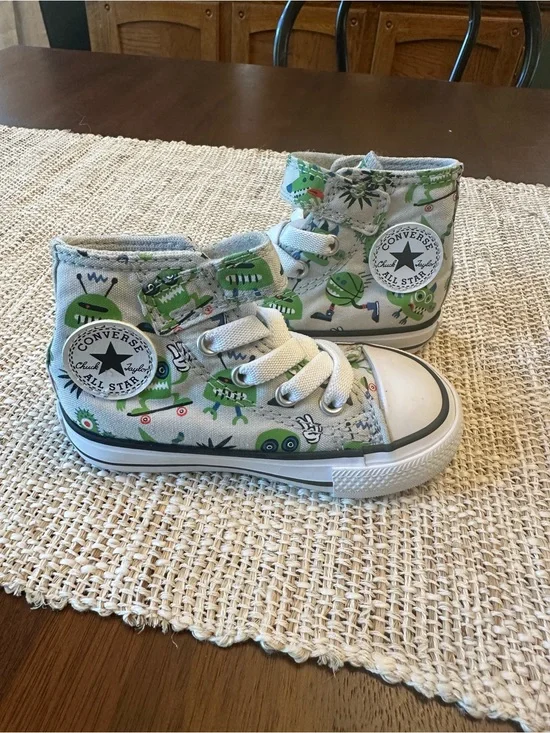 Converse Kids High-Top Sneakers in White with Green Monster Print