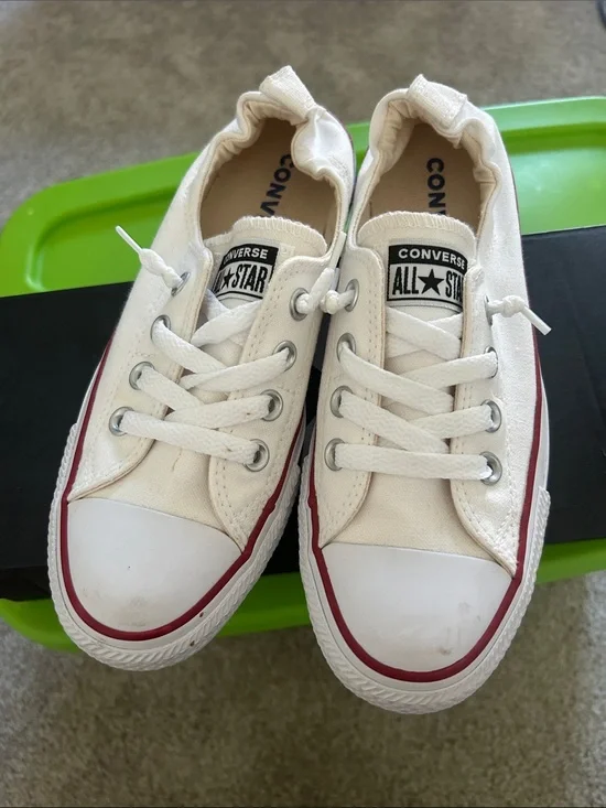 Converse Kids Low Top Canvas Sneakers in White with Red Stripe