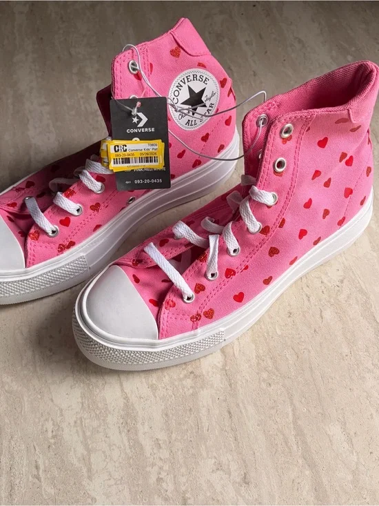 Converse Pink High-Top Platform Sneakers with Red Heart Print
