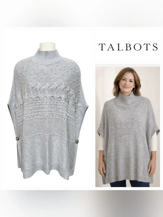 Talbots Cable Knit Mockneck Poncho Sweater Gray Bobble Popcorn Sz Small NWT