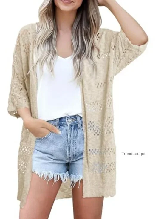Crochet Open Front Cardigan Short Sleeve Knit Sweater Lightweight Summer Cover