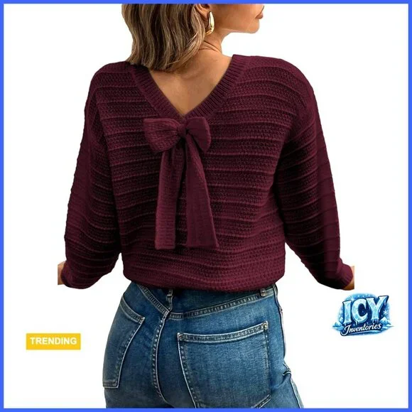 Long Sleeve Knit Pullover Sweater with Back Bow Knot Detail